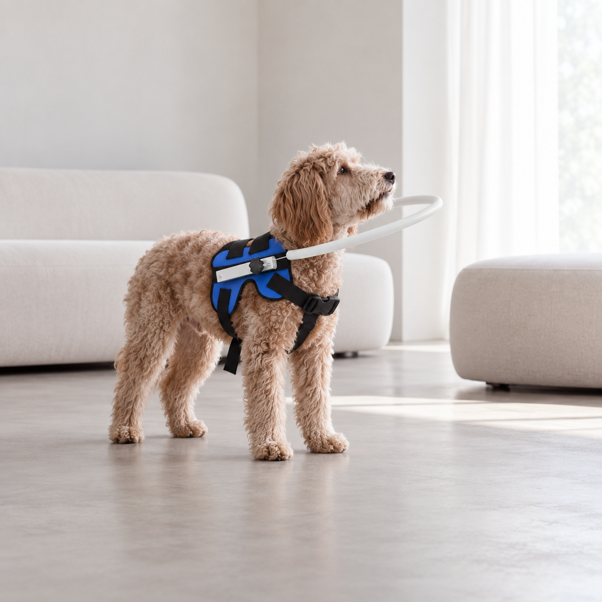 Anti-collision halo harness worn by a visually impaired dog indoors