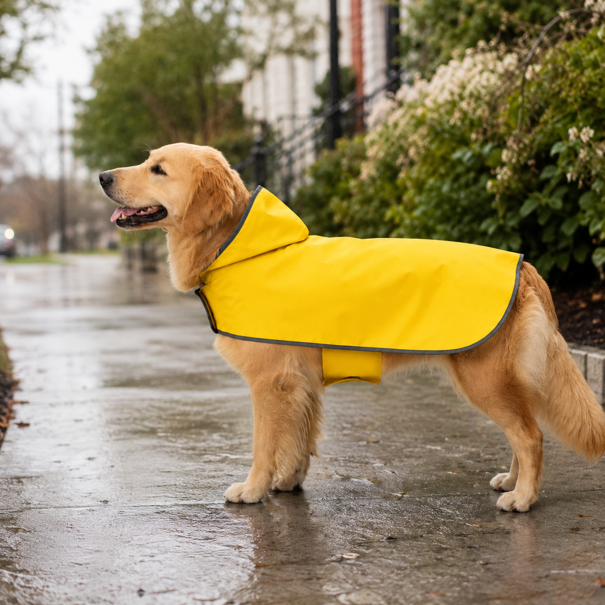 Dog wearing reversible waterproof rain jacket outdoors