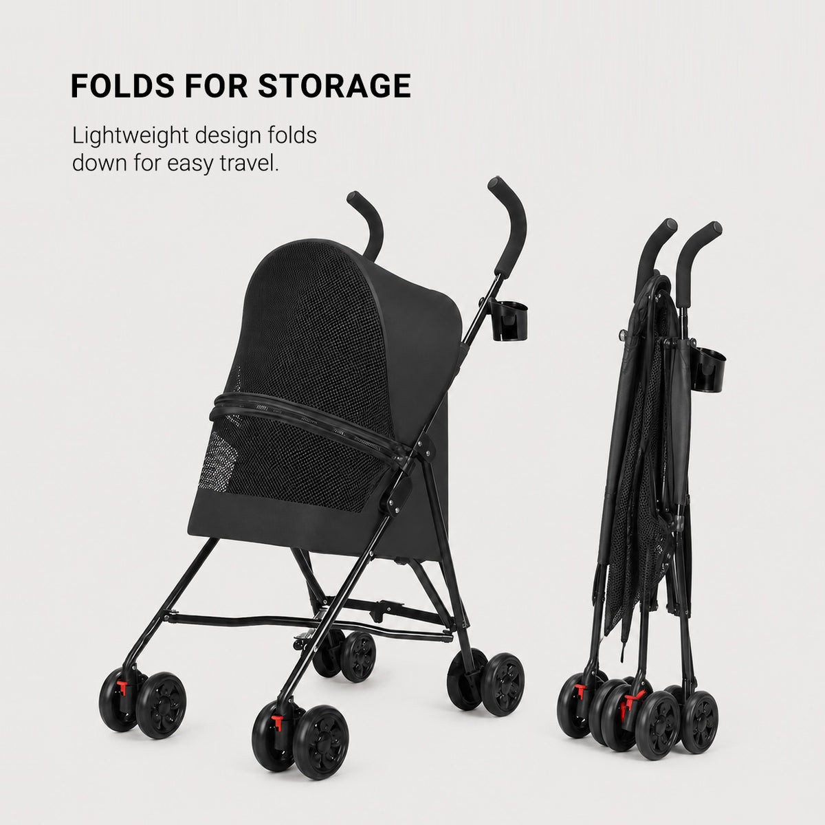 SwiftRide pet stroller folded into a compact shape for car trunk closet or apartment storage