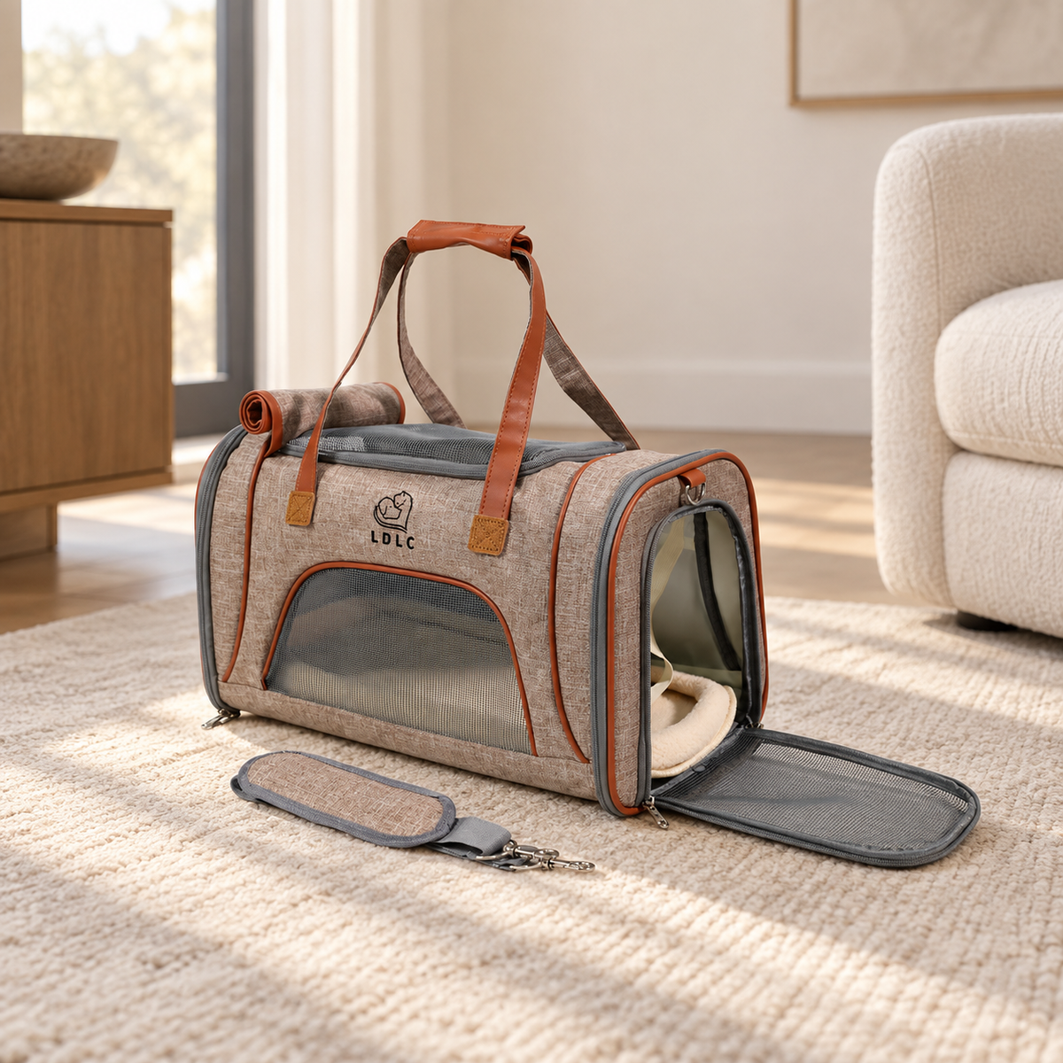 TrailNest turmeric soft-sided travel carrier for small dogs with breathable mesh panels