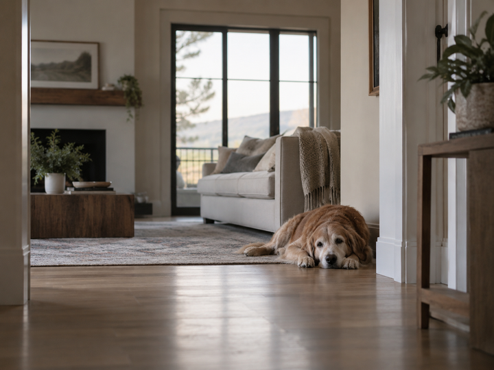 Senior dog lying on the floor at home and struggling with mobility