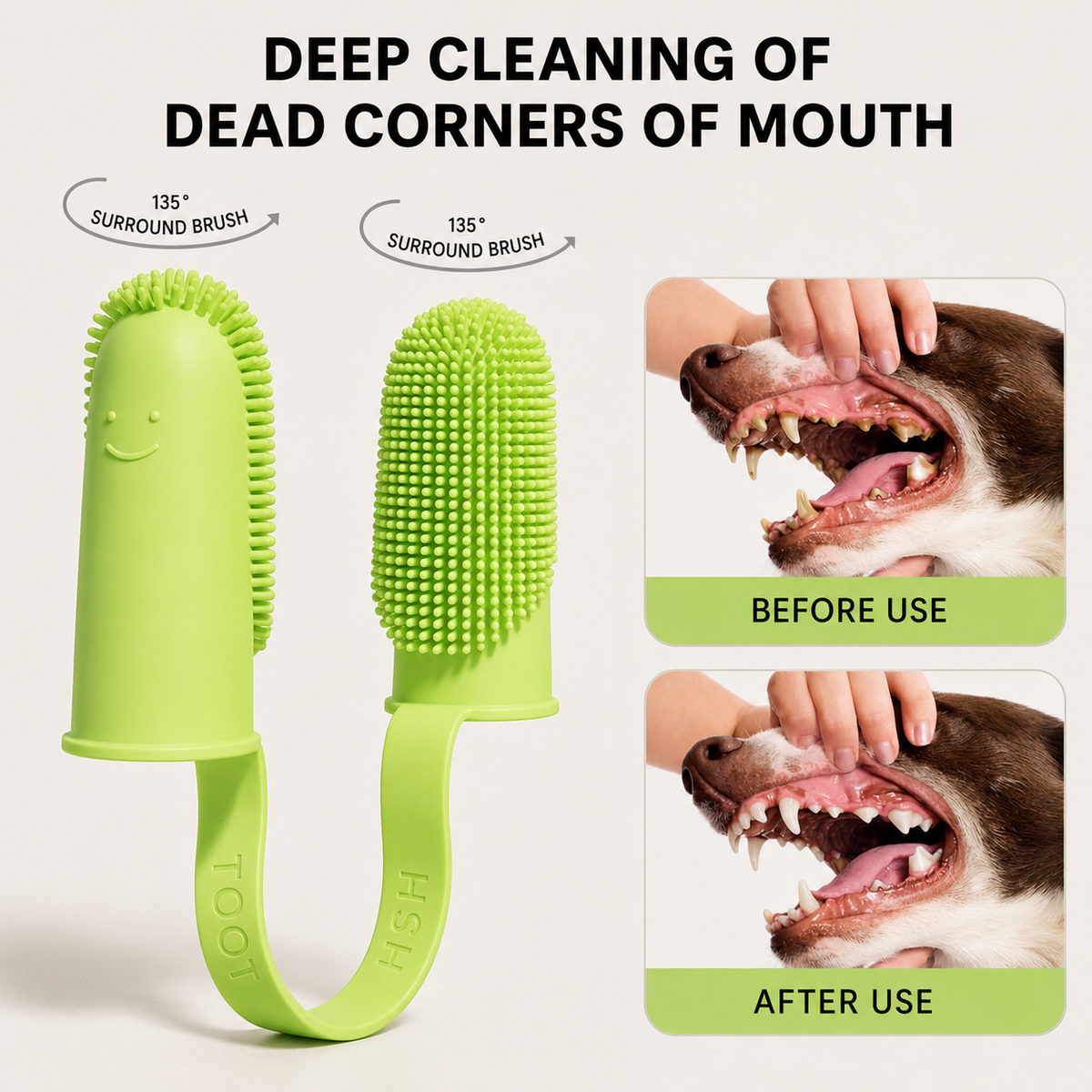 135-degree soft-bristle dog toothbrush designed for deep tooth cleaning