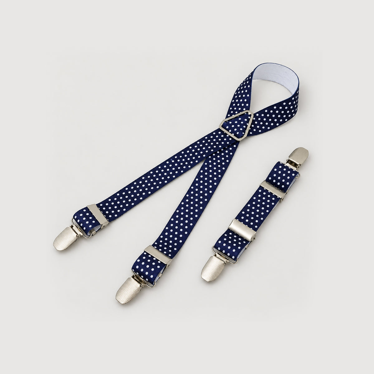 Adjustable dog diaper suspenders in Dots Blue with elastic straps and three clips