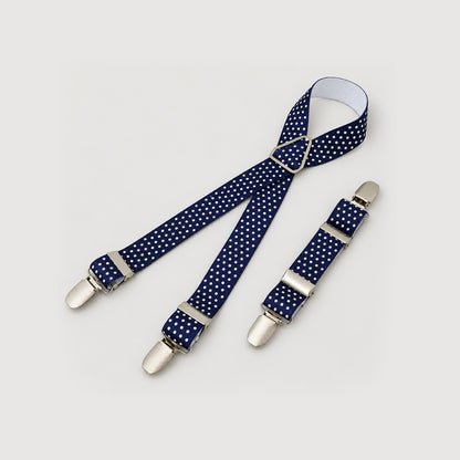 Adjustable dog diaper suspenders in Dots Blue with elastic straps and three clips