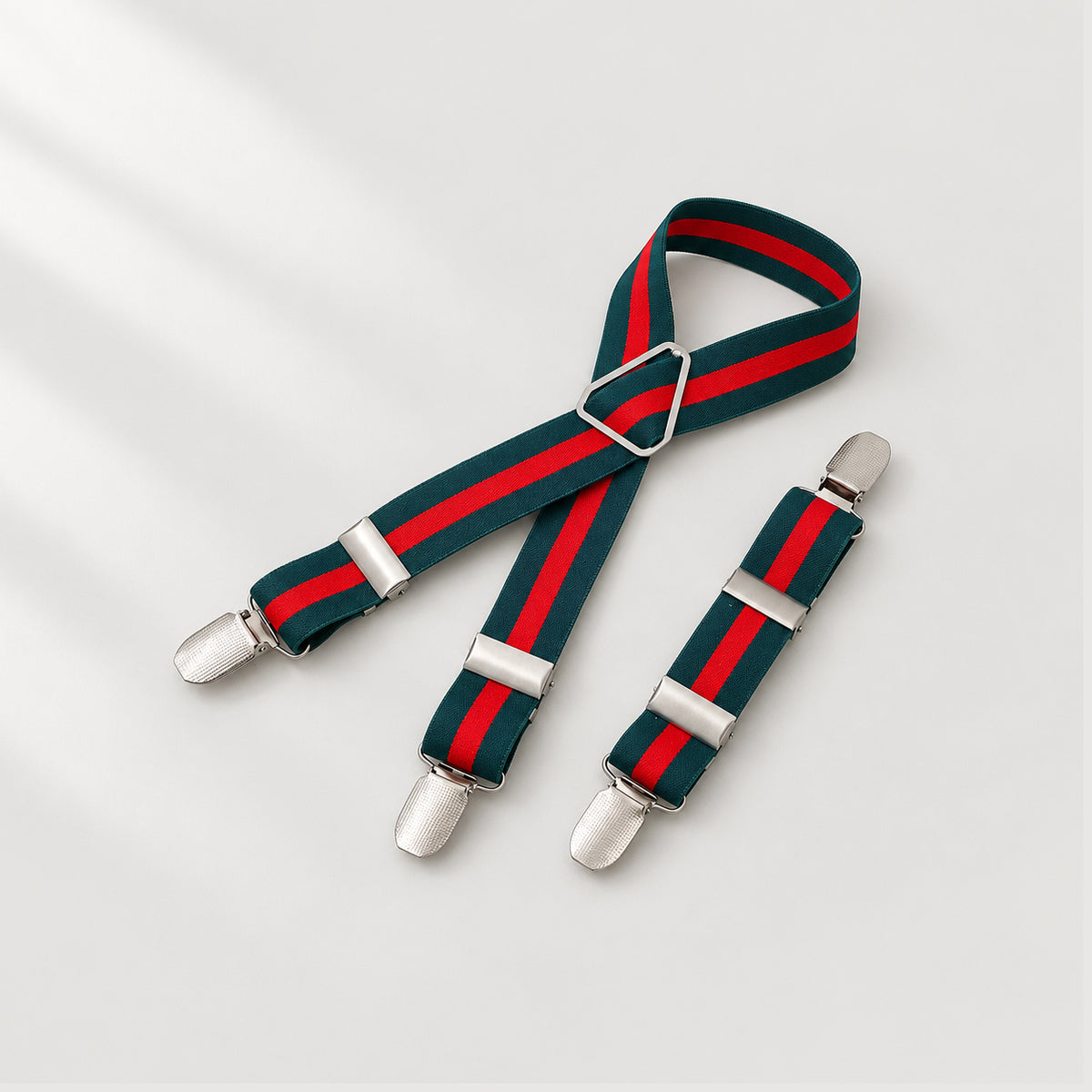 Adjustable dog diaper suspenders in Green 2 Red 1 colorway with elastic straps and three clips