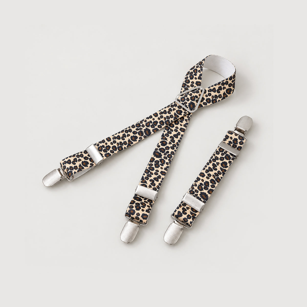 Adjustable dog diaper suspenders in Leopard Print with elastic straps and three clips