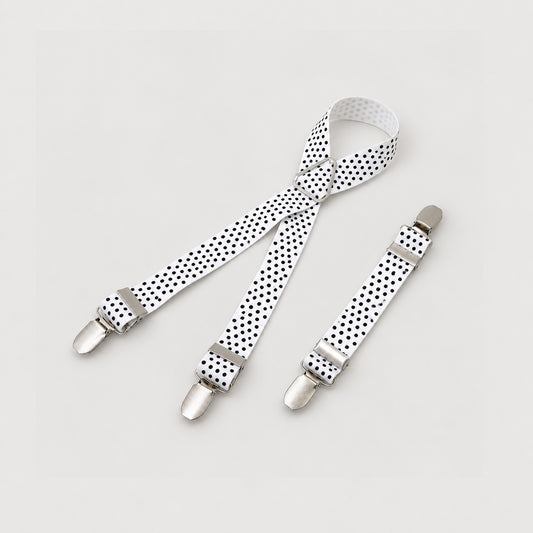 Adjustable dog diaper suspenders in Polka Dot White with elastic straps and three clips