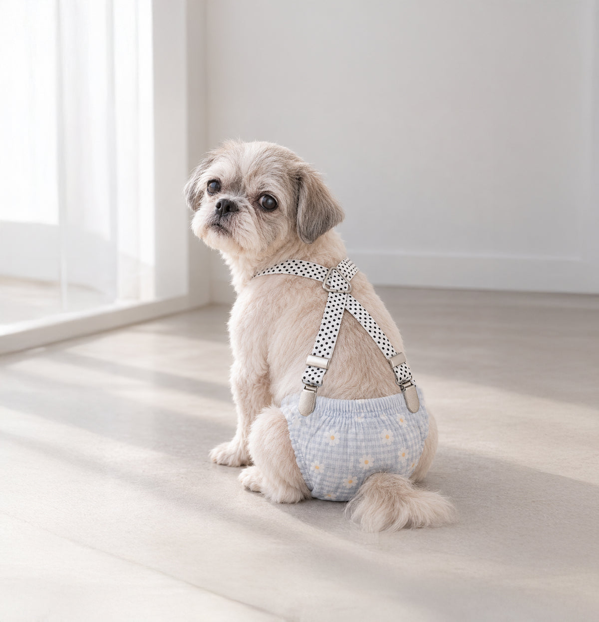 Senior dog wearing adjustable dog diaper suspenders in Polka Dot White for secure diaper support