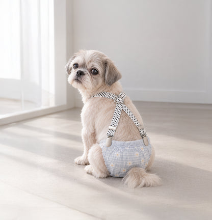 Senior dog wearing adjustable dog diaper suspenders in Polka Dot White for secure diaper support