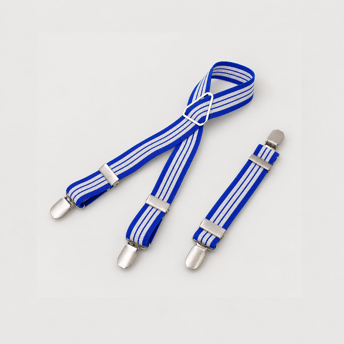 Adjustable dog diaper suspenders in Sapphire Blue Stripe with elastic straps and three clips