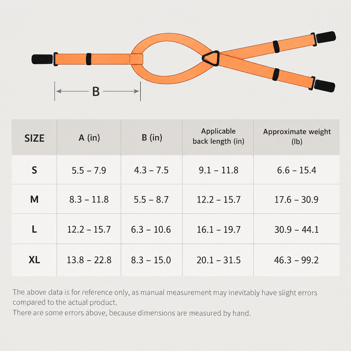 Adjustable dog diaper suspenders size chart with S, M, L and XL measurements in inches and pounds