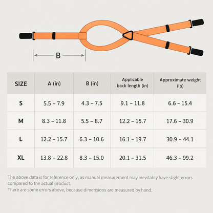 Adjustable dog diaper suspenders size chart with S, M, L and XL measurements in inches and pounds