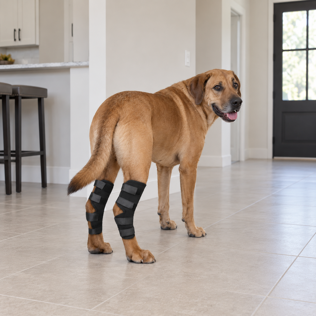 Large dog wearing black adjustable leg support braces indoors