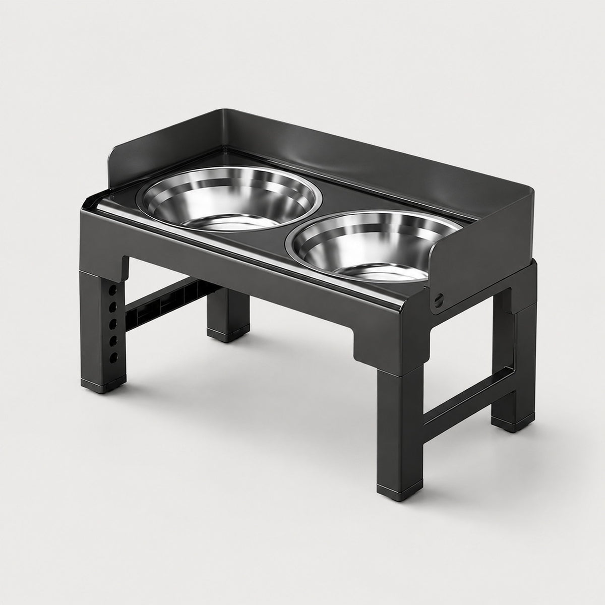 Adjustable elevated dog bowl with two stainless steel bowls in black