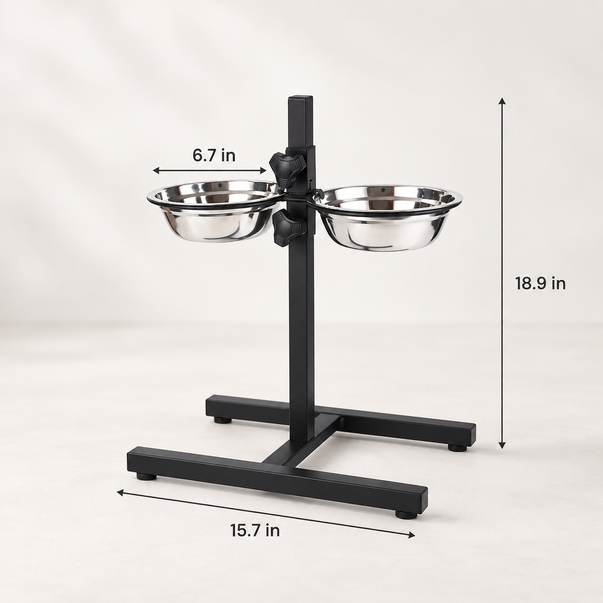 Adjustable elevated dog bowl stand with 6.7 inch stainless steel bowls