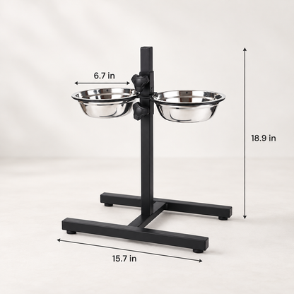Adjustable elevated dog bowl stand with 6.7 inch stainless steel bowls