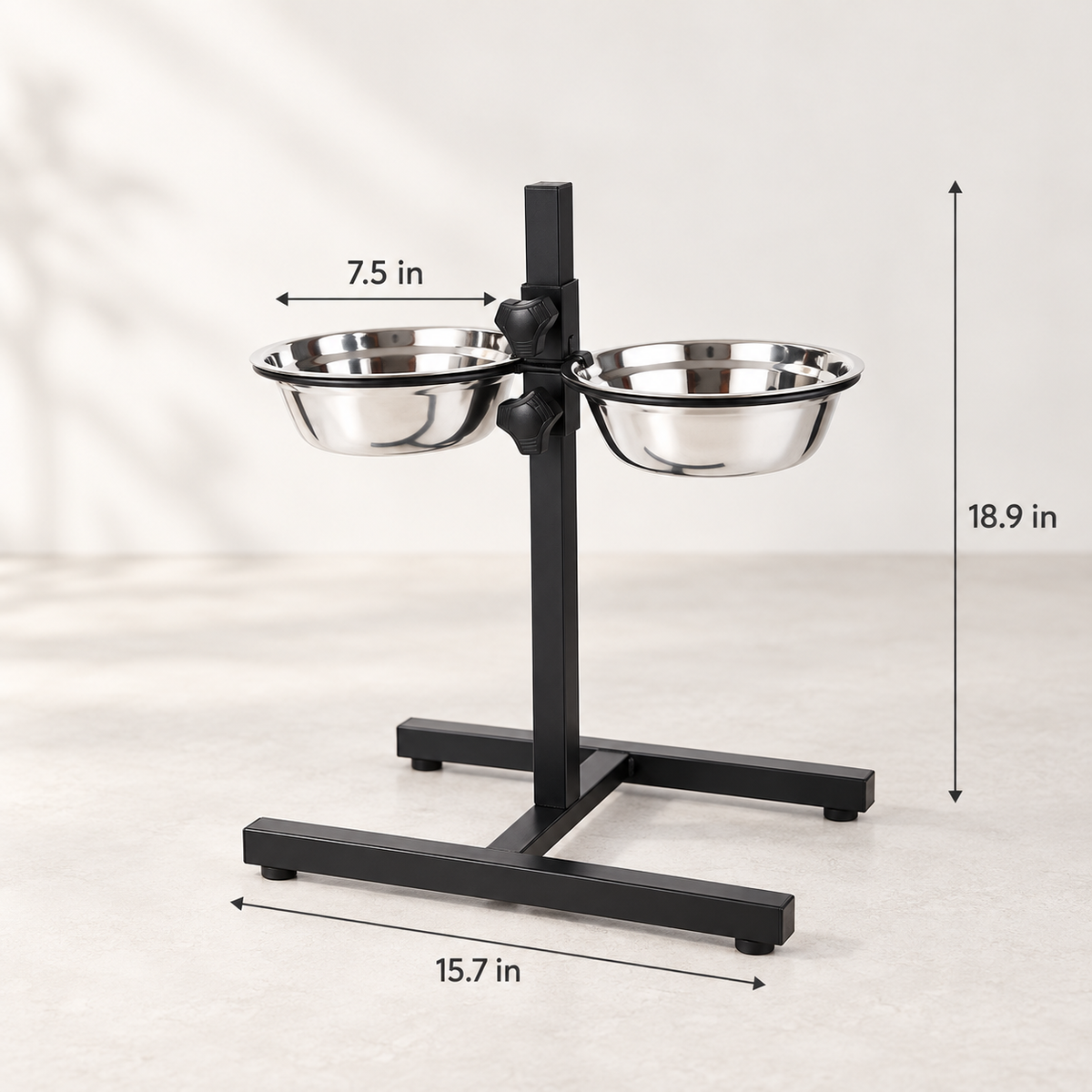 Adjustable elevated dog bowl stand with 7.5 inch stainless steel bowls