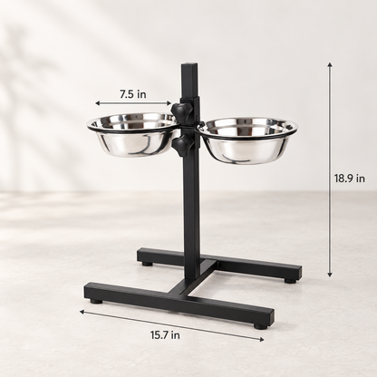 Adjustable elevated dog bowl stand with 7.5 inch stainless steel bowls