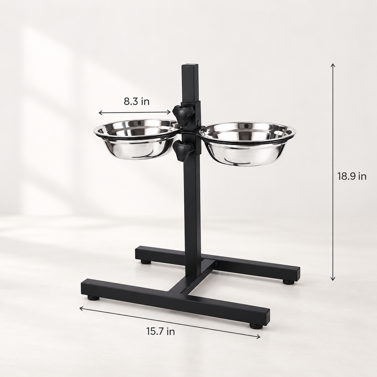 Adjustable elevated dog bowl stand with 8.3 inch stainless steel bowls
