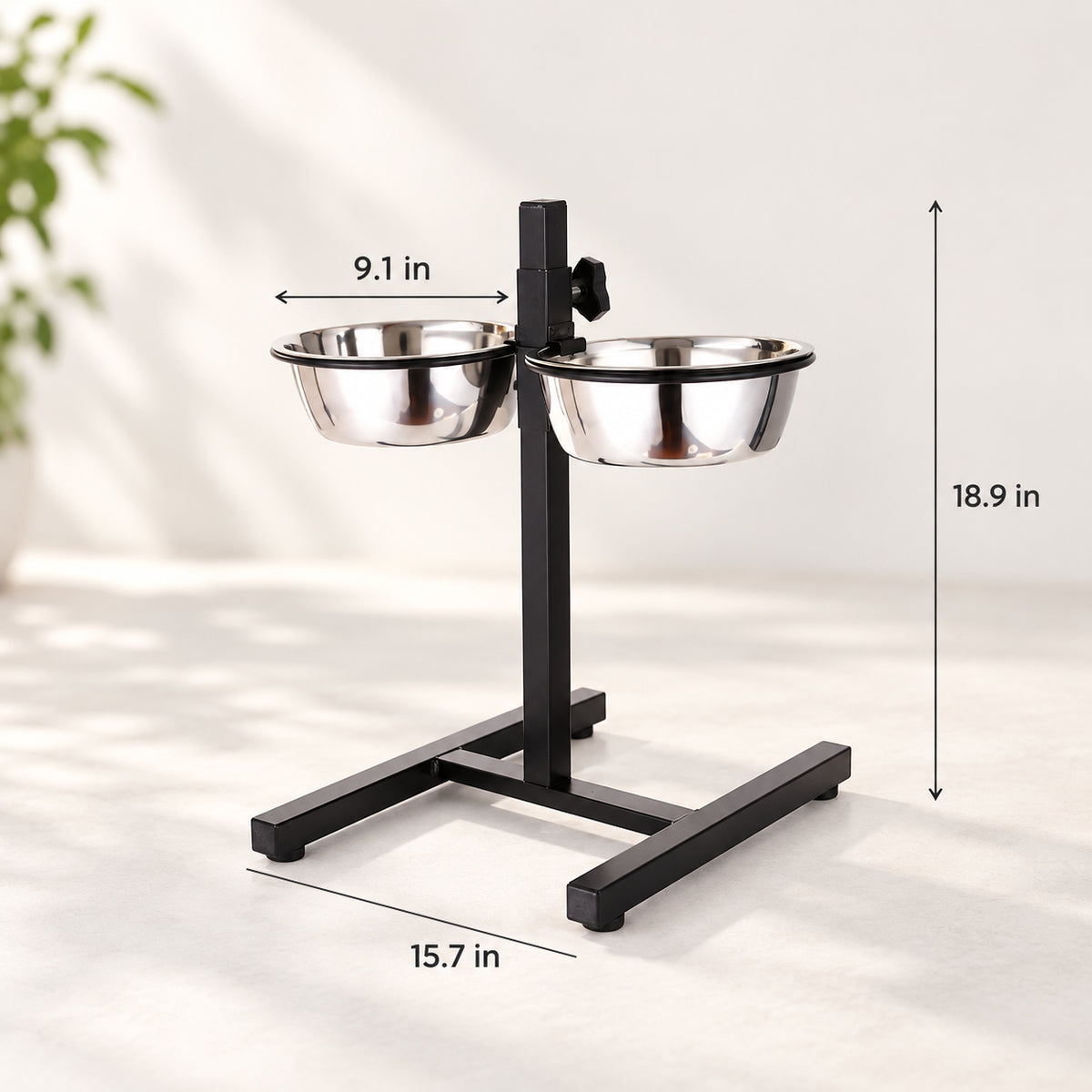Adjustable elevated dog bowl stand with 9.1 inch stainless steel bowls