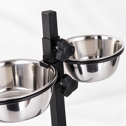Close-up of adjustable knobs on elevated double dog bowl stand