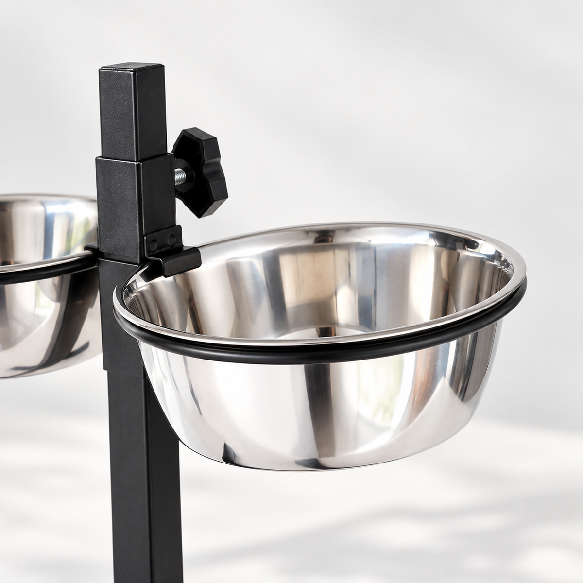 Close-up of stainless steel bowl on adjustable elevated dog feeder stand