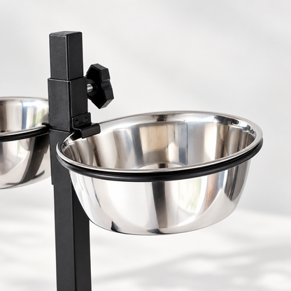 Close-up of stainless steel bowl on adjustable elevated dog feeder stand