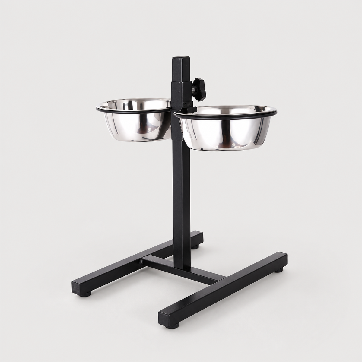 Adjustable elevated dog bowl stand with two stainless steel bowls