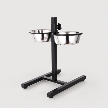 Adjustable elevated dog bowl stand with two stainless steel bowls