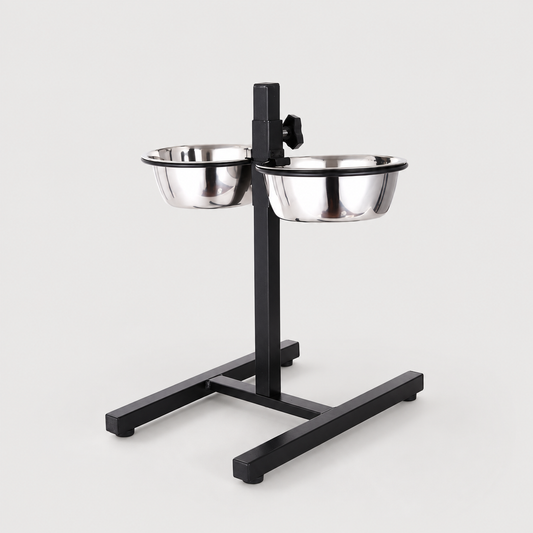Adjustable elevated dog bowl stand with two stainless steel bowls
