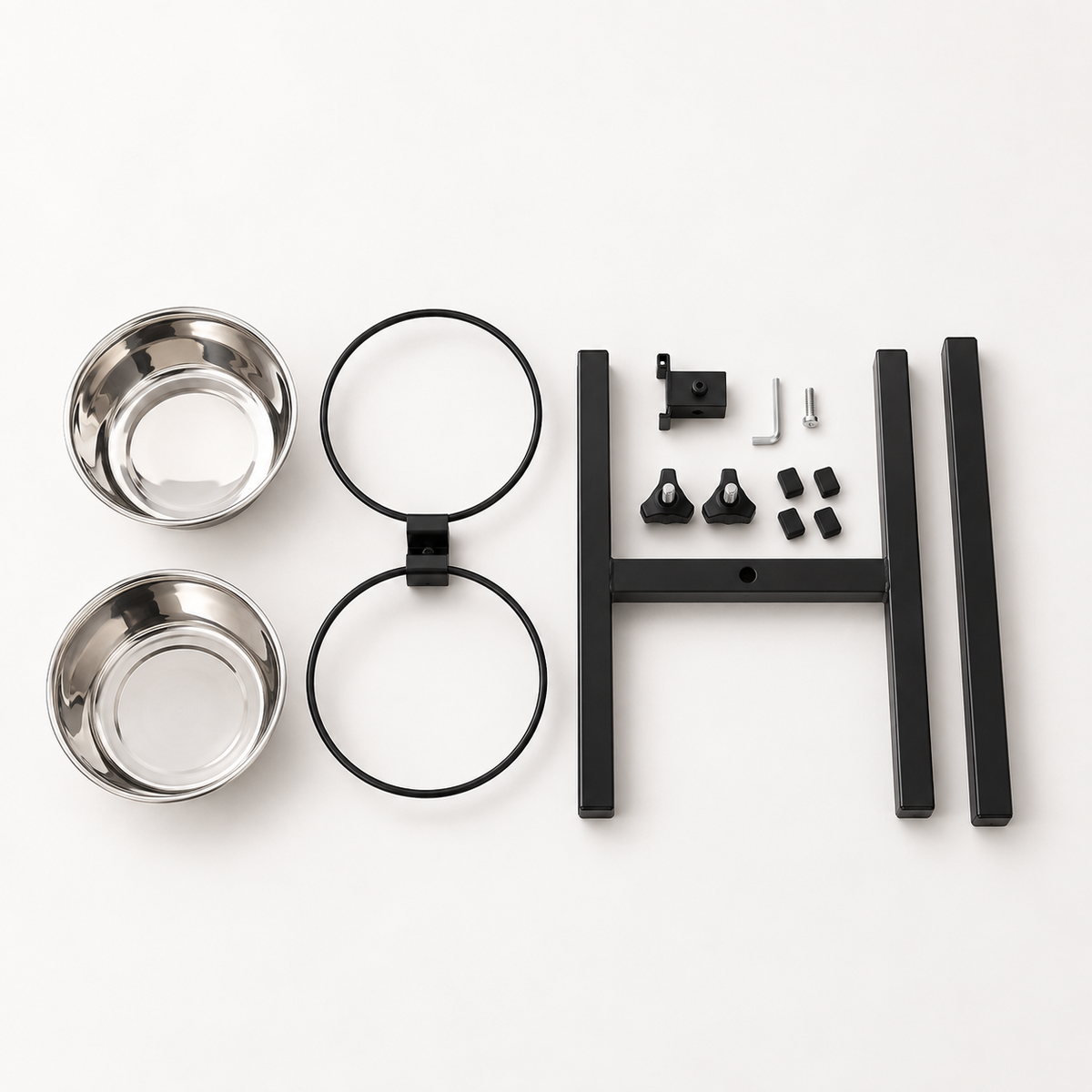 Unassembled adjustable elevated dog bowl stand with stainless steel bowls and hardware