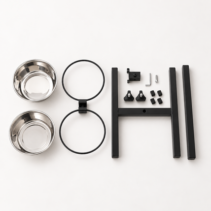 Unassembled adjustable elevated dog bowl stand with stainless steel bowls and hardware