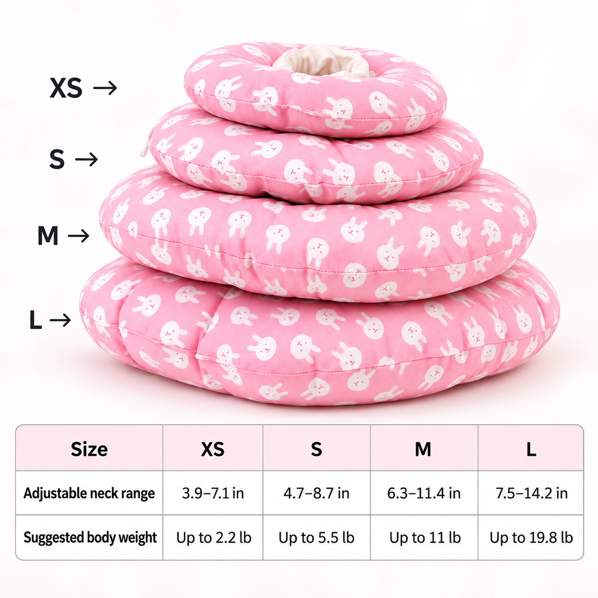 Adjustable soft recovery donut collar size guide for dogs