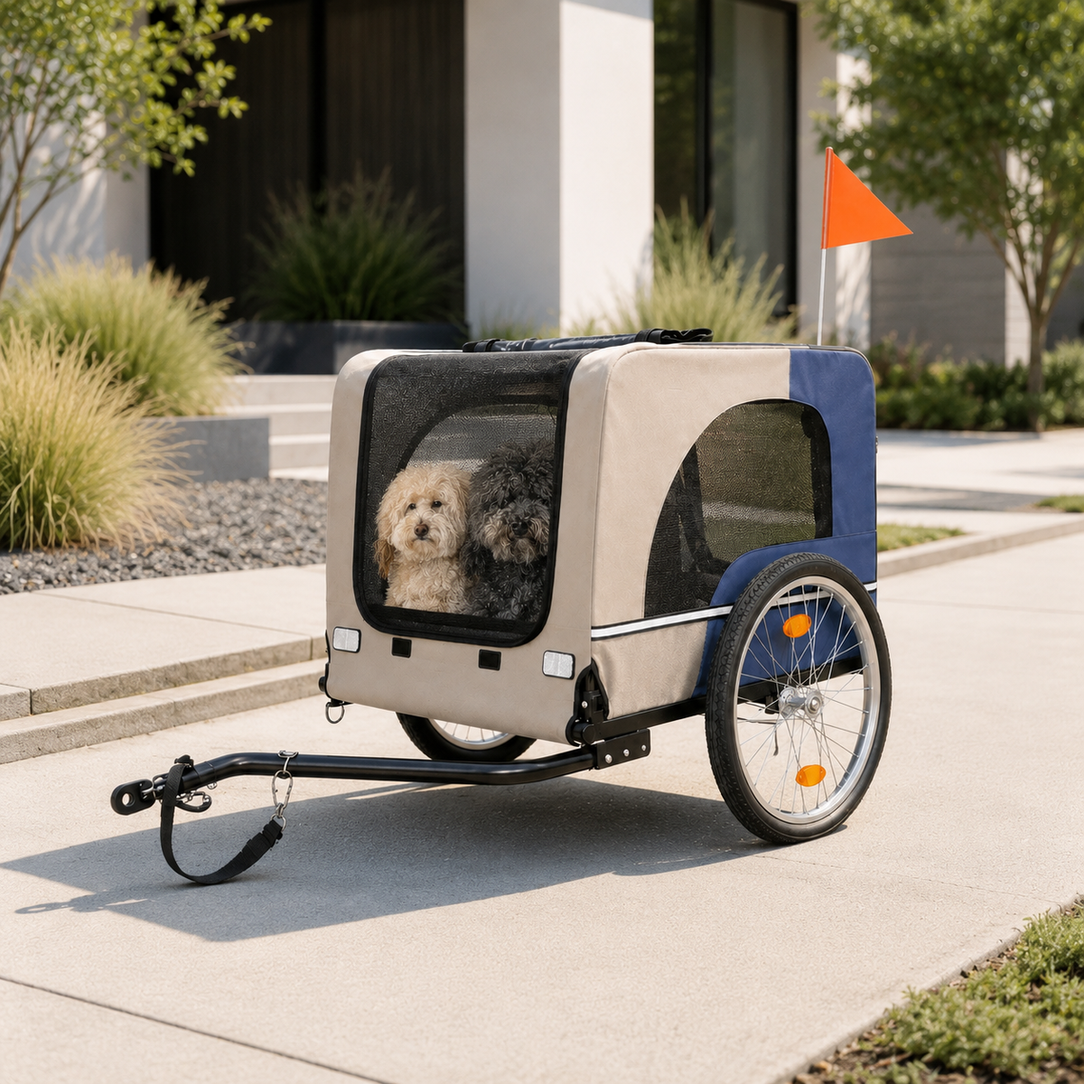 Dog riding comfortably in the Adventure Ride folding bike trailer outdoors