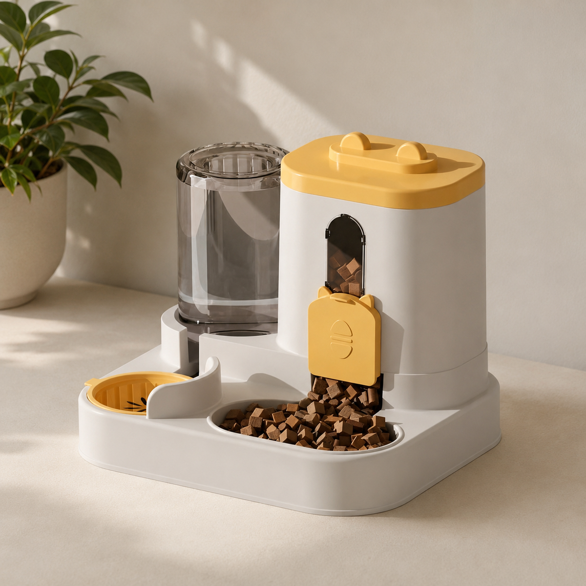 Gravity-fed PawServe food and water dispenser that replenishes bowls as pets eat and drink