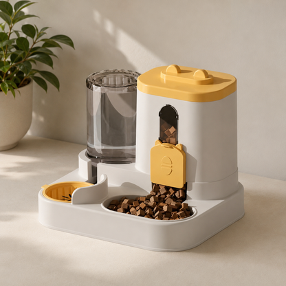 Gravity-fed PawServe food and water dispenser that replenishes bowls as pets eat and drink