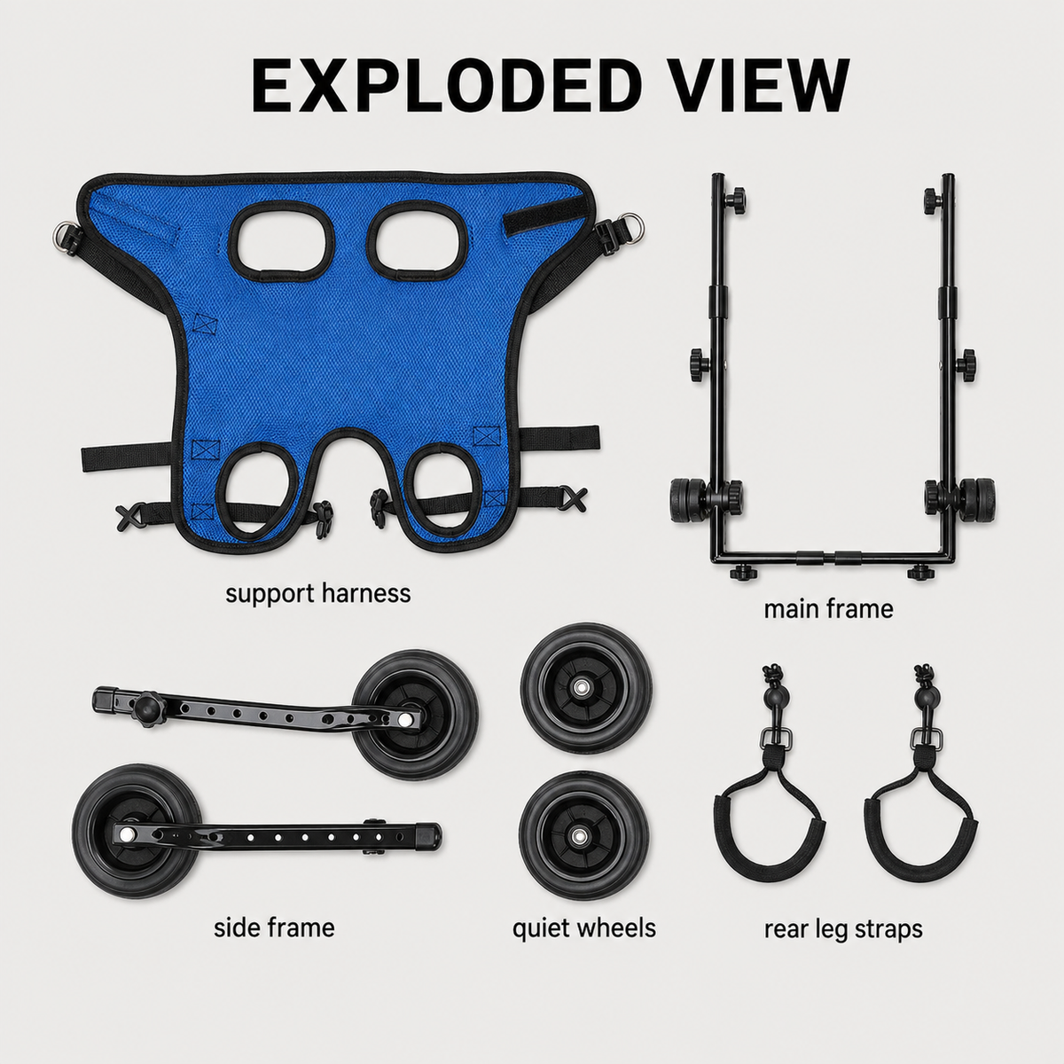 BarkTango adjustable dog wheelchair parts and support harness