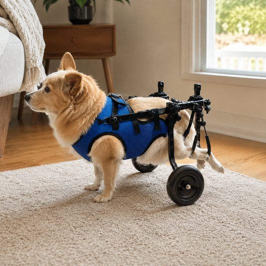 Dog using BarkTango adjustable rear leg support wheelchair at home