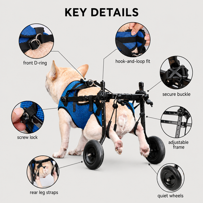 BarkTango dog wheelchair adjustable frame and support features