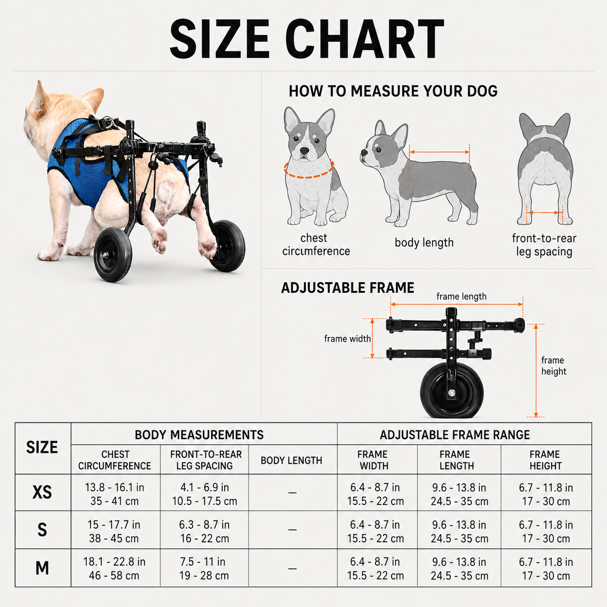BarkTango adjustable dog wheelchair size chart and measurement guide