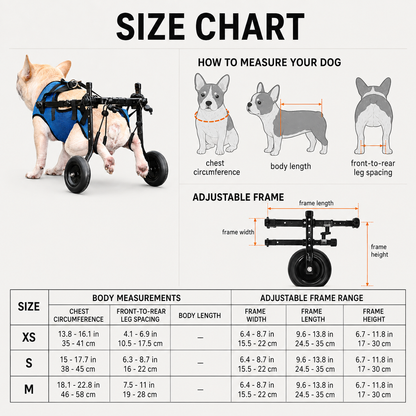 BarkTango adjustable dog wheelchair size chart and measurement guide