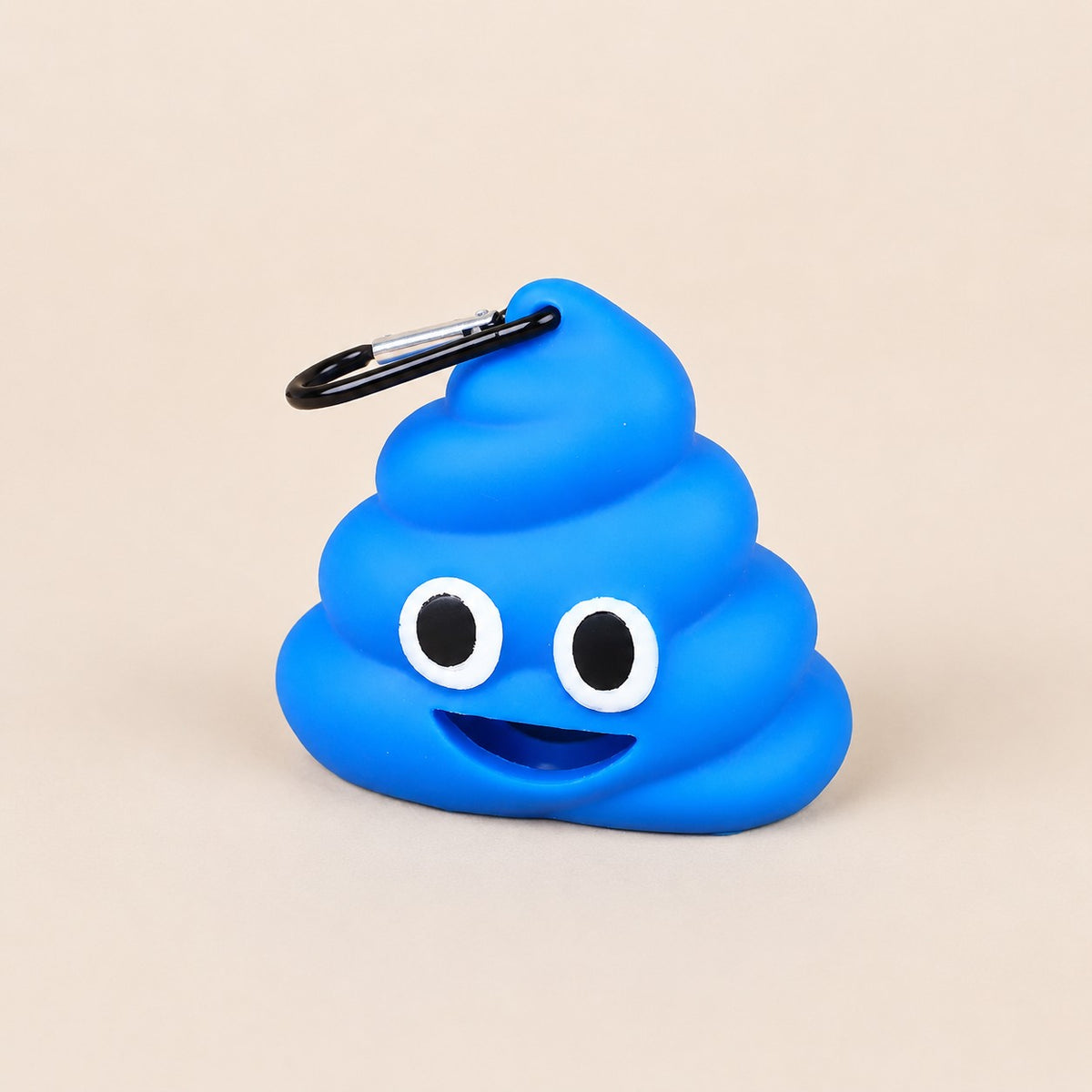 Blue poop-shaped dog waste bag dispenser with black carabiner clip