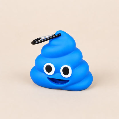 Blue poop-shaped dog waste bag dispenser with black carabiner clip