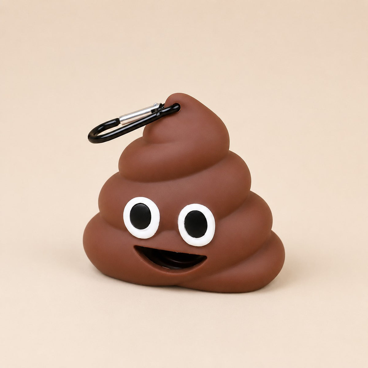 Brown poop-shaped dog waste bag dispenser with black carabiner clip