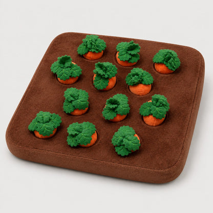 Angled view of Carrot Patch dog snuffle mat with plush carrots