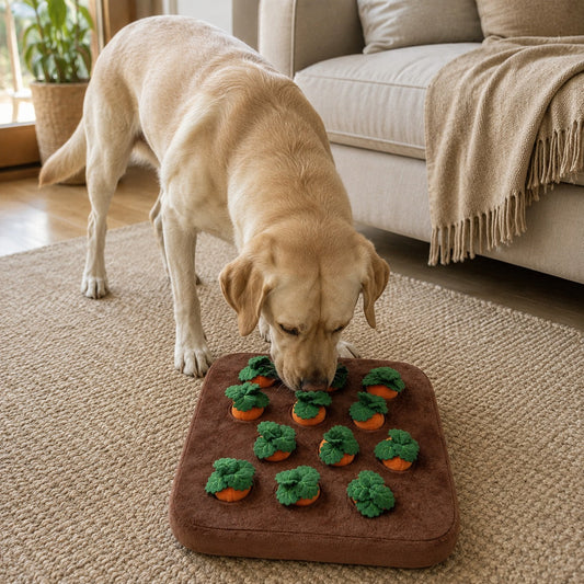 Labrador using the Carrot Patch snuffle mat for indoor nose work