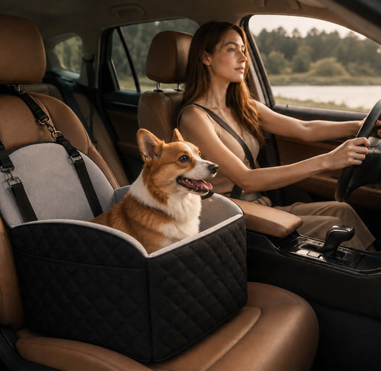 Dog riding comfortably in the CloudRide memory foam dog car seat during car travel