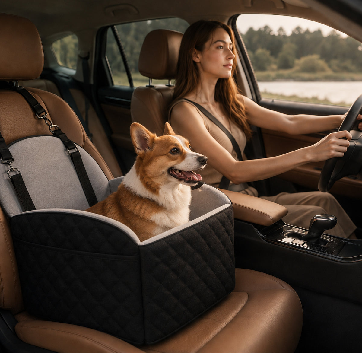 Dog riding comfortably in the CloudRide memory foam dog car seat during car travel