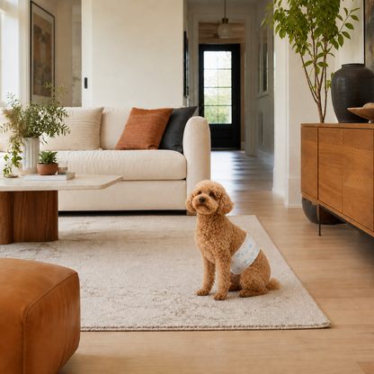Small male dog wearing a Comfort-Fit disposable dog diaper