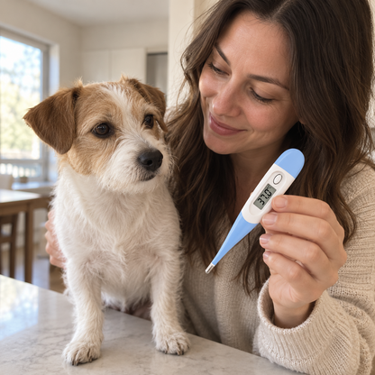 Dog owner holding a blue BarkTango digital pet thermometer beside her dog